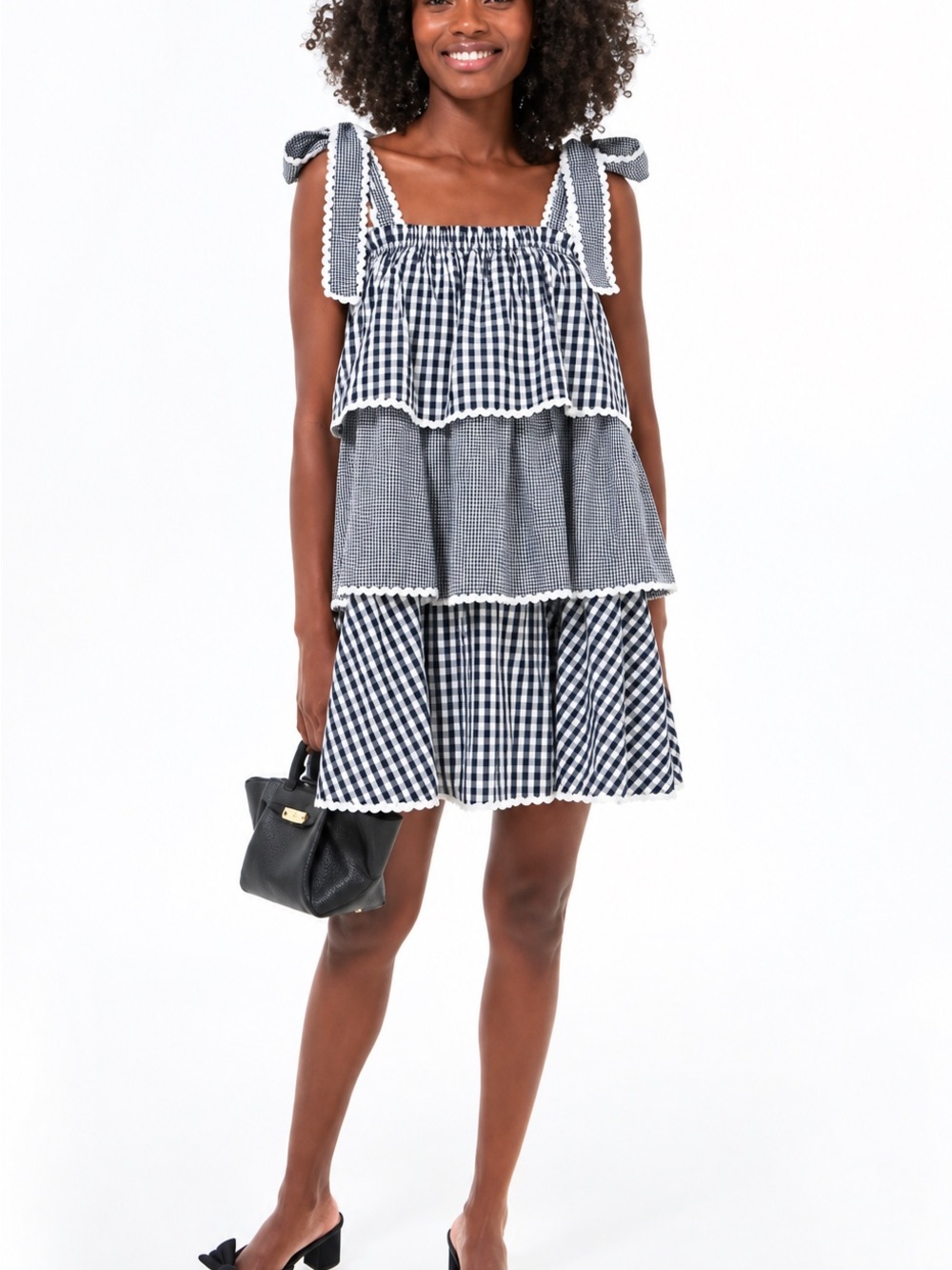 Hyacinth House Black & White tiered Gingham dress with bow ties size Medium